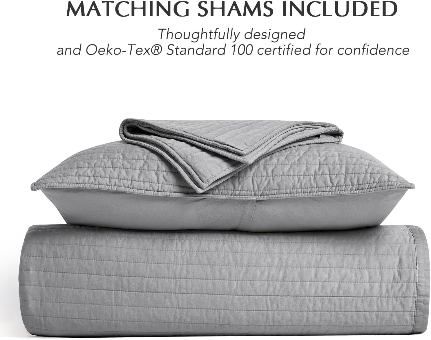 EVERGRACE Cotton Sateen Quilt Set King Size, Pre-Washed Cotton Channel Stitch Coverlet Bedspread, 3 Pieces Lightweight Soft Bedding Sets for All Season, with 2 Pillow Shams, Fog Gray