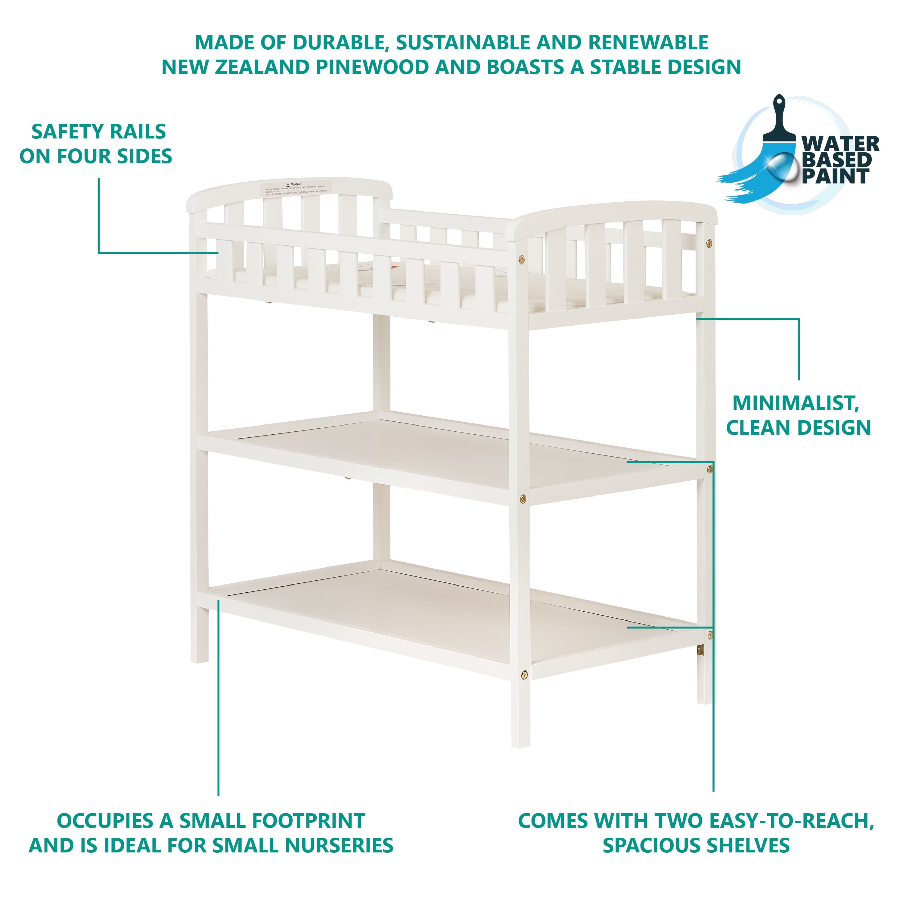 Dream On Me Emily Baby Changing Table with 2 Shelves and Changing Pad, White