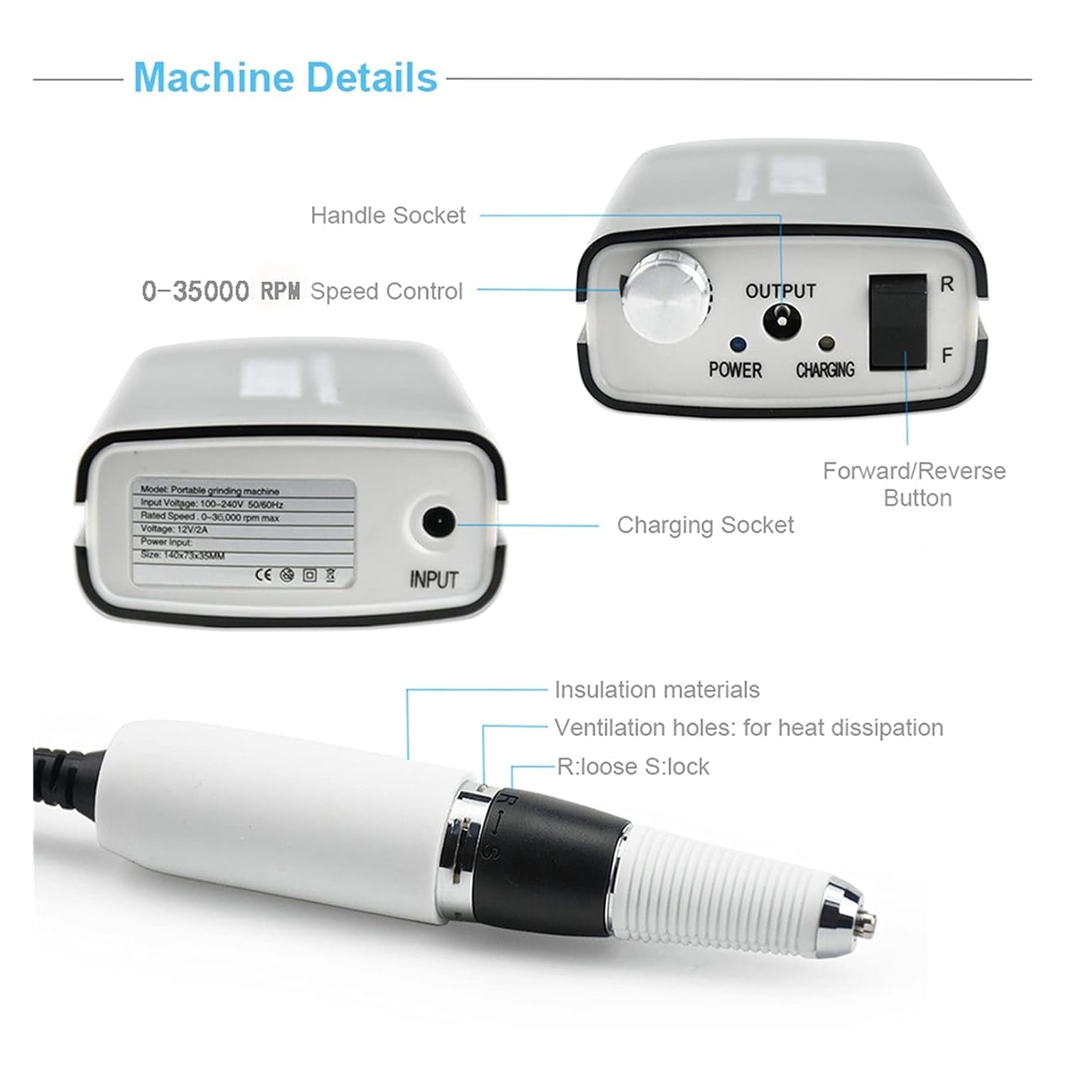 Electric Nail Files 36W 35000RPM Rechargeable Portable Nail Drill Machine Manicure Pedicure Machine Electric Nail File Nail Art Tools Sanding Band for Natural Nails, Gel Polish