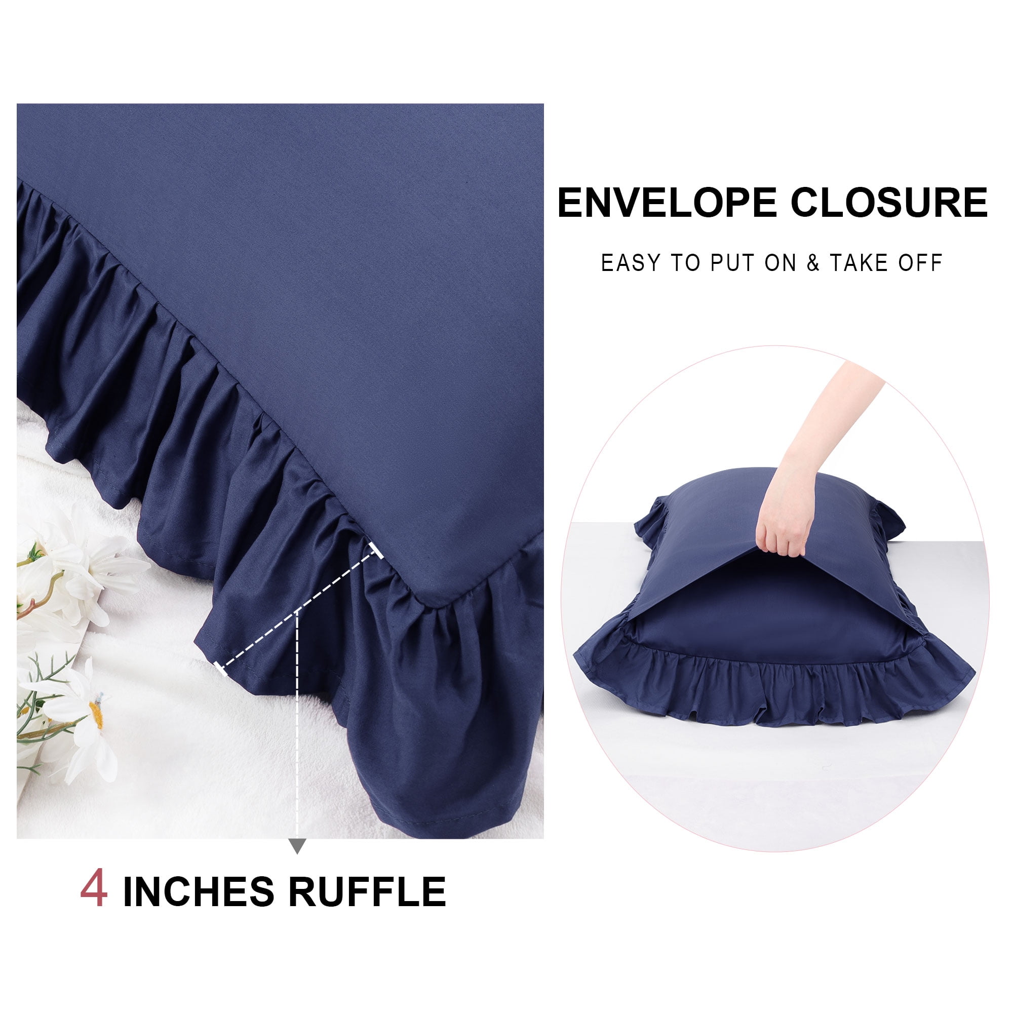 Unique Bargains 2 Pcs 100% Cotton Envelope Closure Ruffled Pillowcases Navy Blue Queen