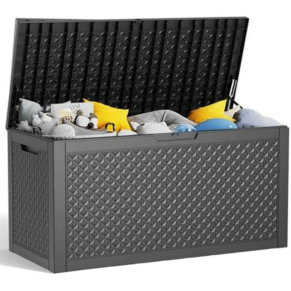 100 Gallon Waterproof Outdoor Storage ,Resin Deck ,Lockable Outside Storage  Container for  Furniure,Garden,Pool Tools (100 Gallon,Black pattern)