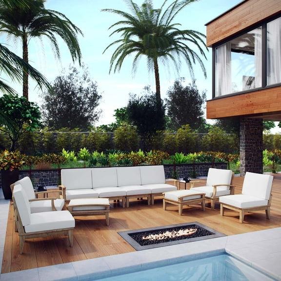 Modway Marina 10 Piece Outdoor Patio Teak Set in Natural White