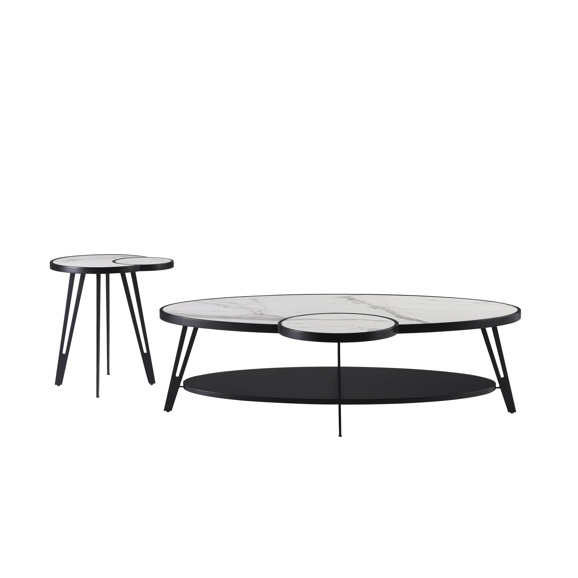 Banks Contemporary Modern Oval White Coffee Table Set with Sintered Stone Top - Set of 2