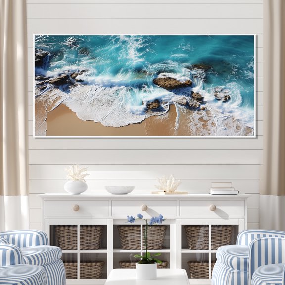 Designart "Aerial View Skyblue Coastal Waves II" Extra Large Coastal Framed Wall Art - Coastal Blue Coastal Beach Entryway Framed Wall Art