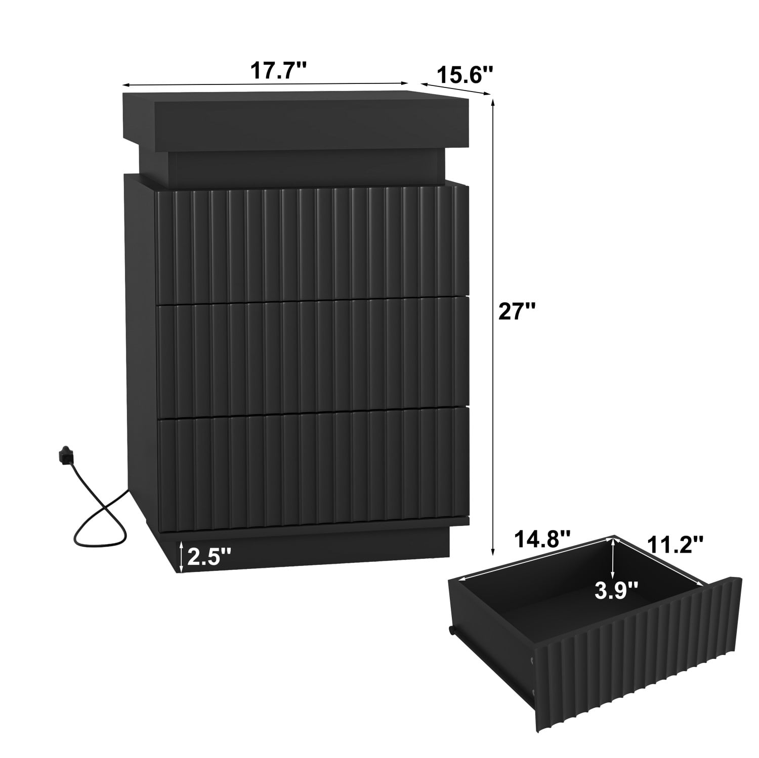 Set of 2 Black Nightstands with Charging Station & LED Lights, Fluted Wave Panel Bedside Tables with Hidden Sliding Top Storage, 3 Drawer Night Stands for Bedroom & Living Room