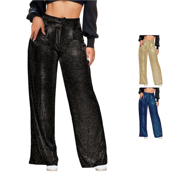 XIAONU Womens Glitter Print Pants Wide Leg Cut Side Pockets Party Wear Trousers
