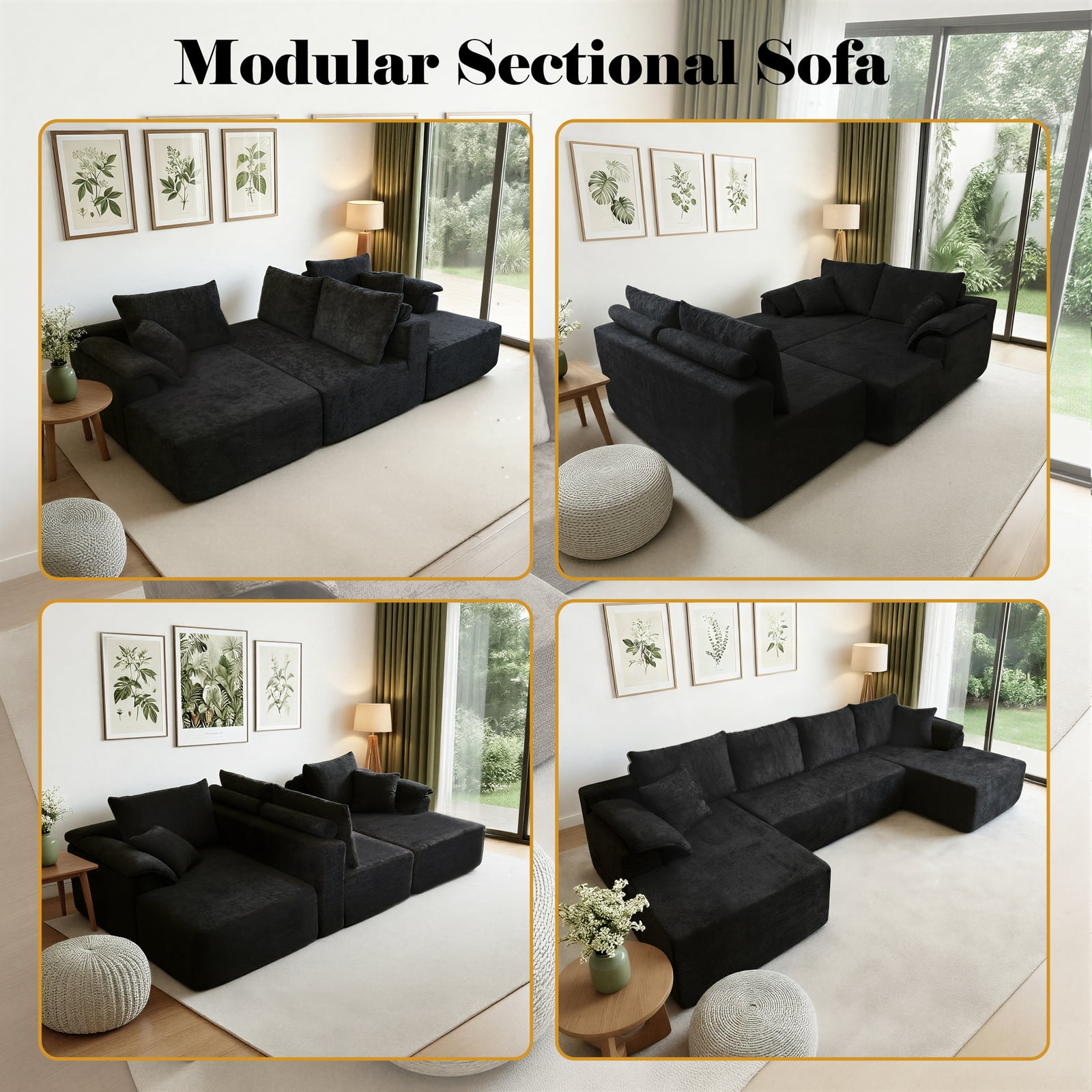 Kelyda 130'' Boneless Sectional Couch, Modern Chenille U Shaped Modular Cloud for Living Room Black