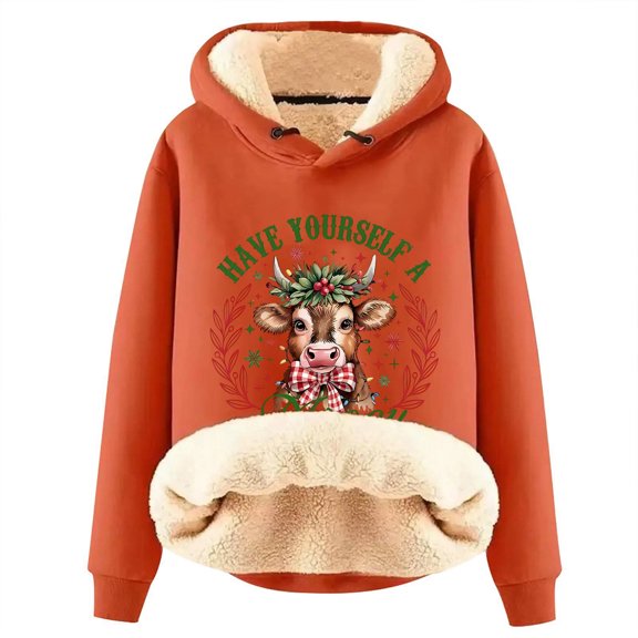 Telankuip 2025 Fashion Christmas Hoodies for Women Sherpa Fleece Lined Warm Long Sleeve Pullover Sweatshirts X-Mas Letter Printed Cute Cow Graphic Soft Comfort Hooded Tops Orange XL