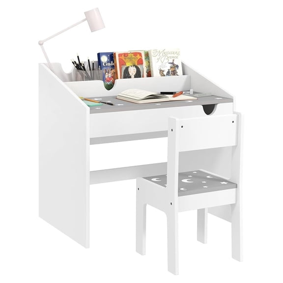 Kids Desk and Chair Set, Kids Study Desk with Storage, Student Writing Desk for Bedroom & Study Room with Drawer, for Children Girls Boys Aged 3-6 Years, Star and Moon Pattern, Gray