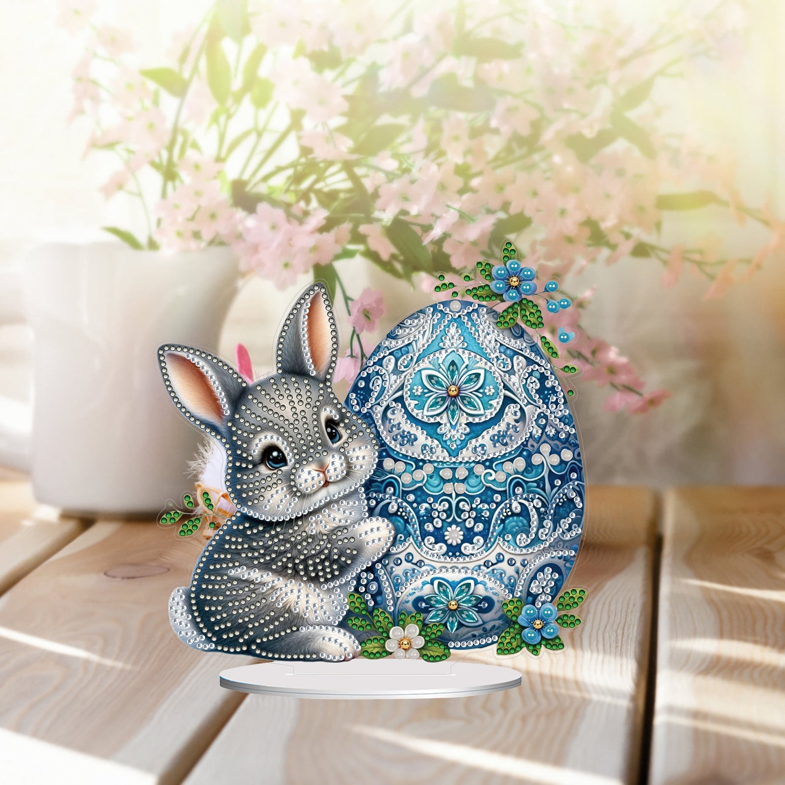 FLOPESN DIY Diamond Art Painting Easter Bunny Ornament Kits with Oval Base, Single-Sided Diamond Painting PET Craft for Home Decor