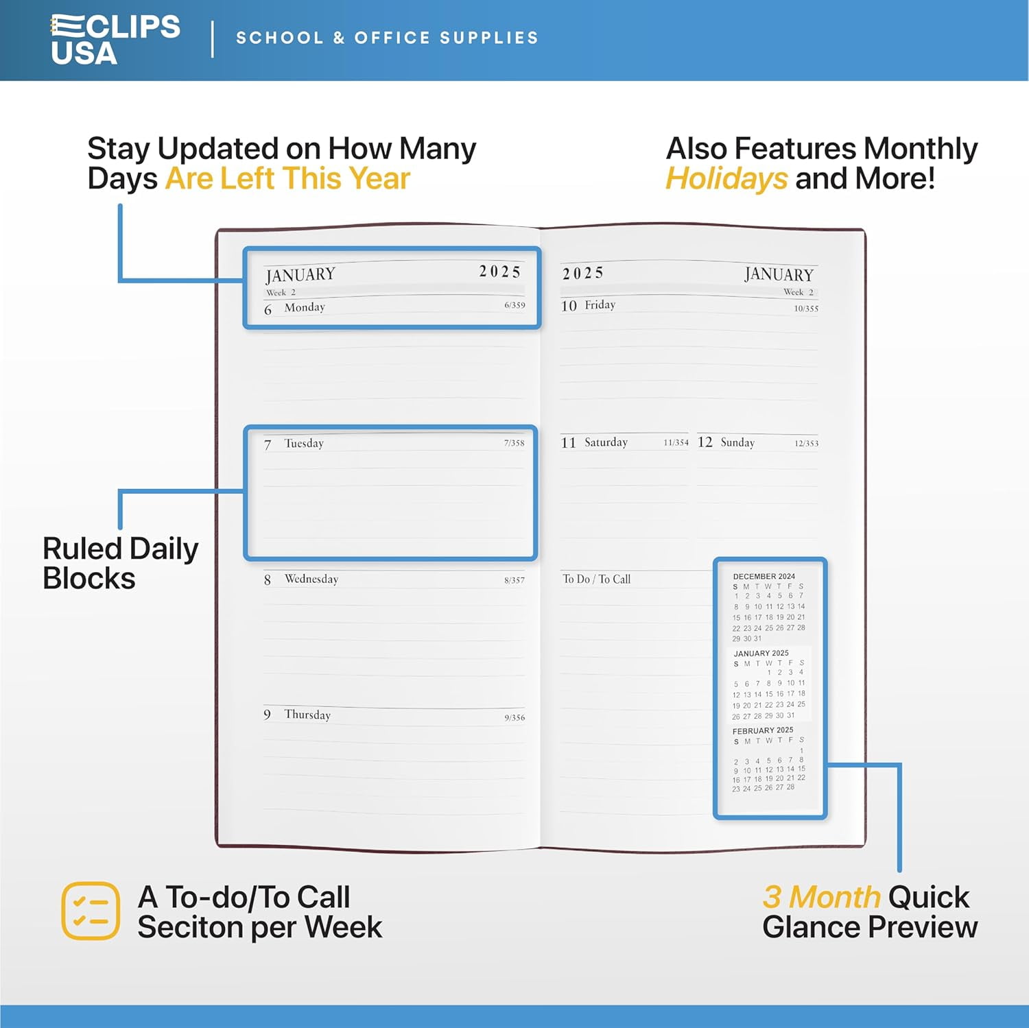 E-Clips USA Executive Series 2025 Weekly Planner Calendar Planner Notebook, 3” x 6”, 24-Pack
