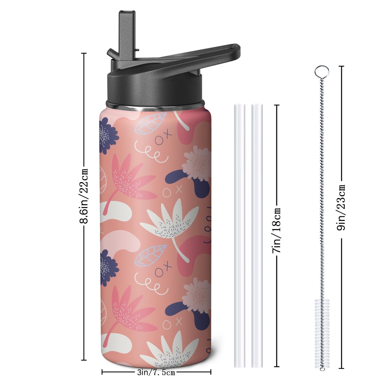 Modern 18 oz Insulated Stainless Steel Water Bottle with Straw & Cleaning Brush , Leakproof, BPA-Free, 304 Stainless Steel, Wide Mouth, Travel Mug for Car, Gym, Office