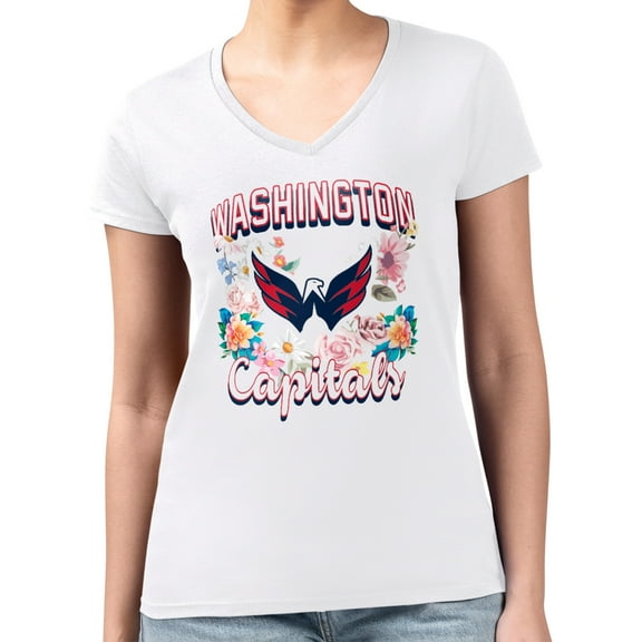 Women's G-III 4Her by Carl Banks White Washington Capitals Super-Slim Fit Lightweight Flower Logo V-Neck T-Shirt