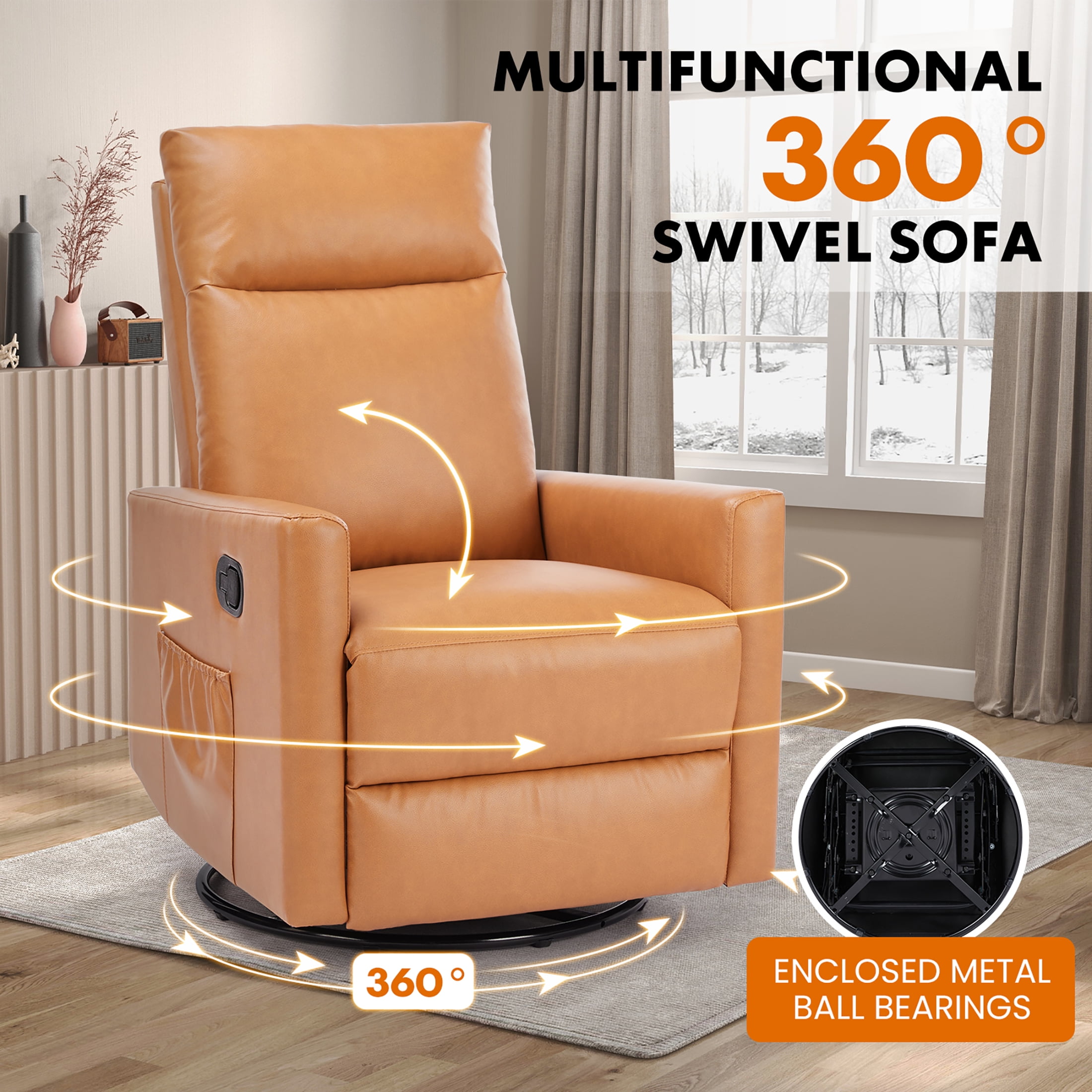 edx Swivel Rocking Chair, Sofa Recliner, Adjustable Baby Sliding Chair with Head Support for Living Room, Bedroom, Brown