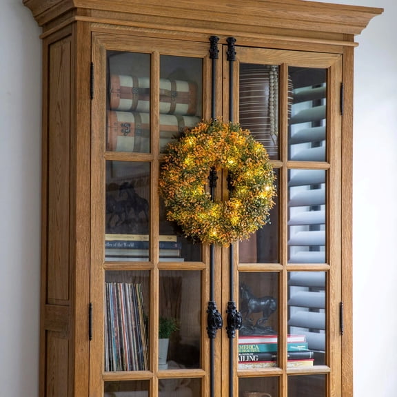 Nearly Natural Pre-Lit Small Boxwood Artificial Fall Harvest Wreath - 18" - Warm White LED Lights