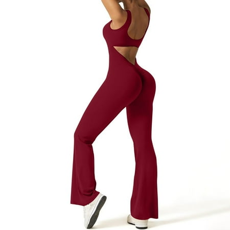 Phina Flare Jumpsuits for Women V Neck Bodycon Full Length Casual Unitard Bodysuit Playsuit Wine S