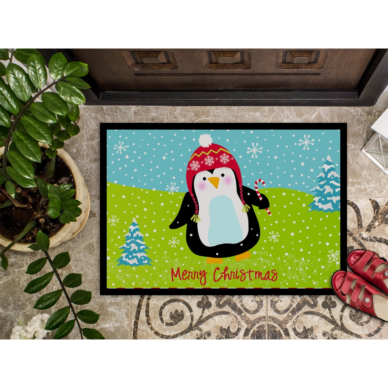 Carolines Treasures VHA3015MAT Merry Christmas Happy Penguin Door Mat Indoor Rug or Outdoor Welcome Mat 18x27 Doormat