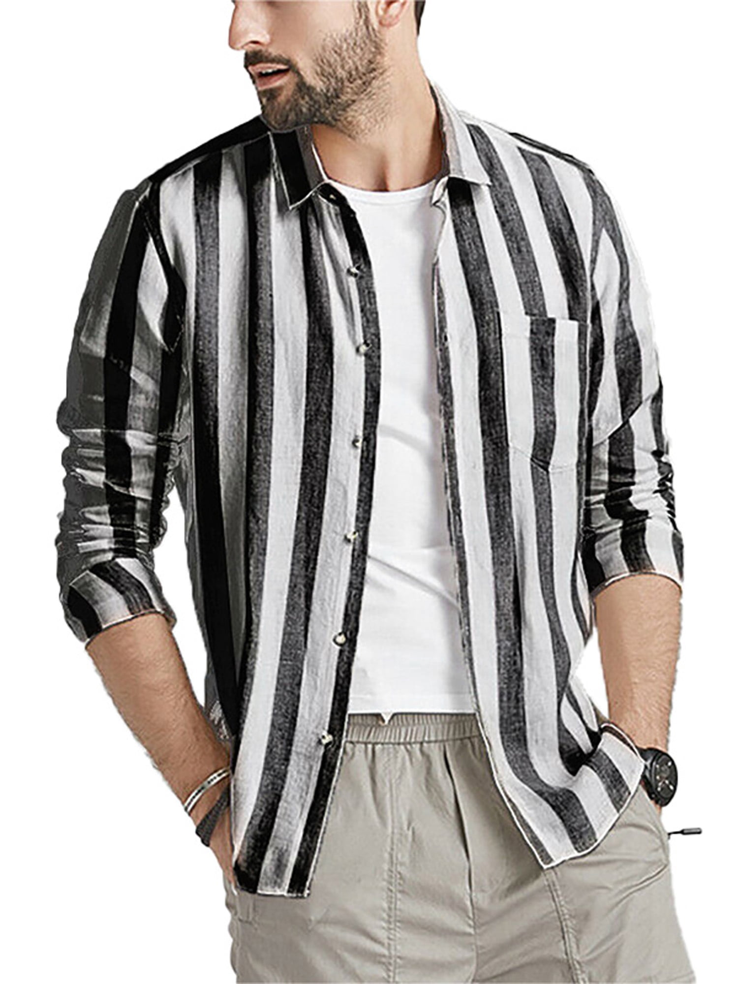 Wodstyle - Men's Linen Striped Long Sleeve Basic Shirts Bottons Tops ...