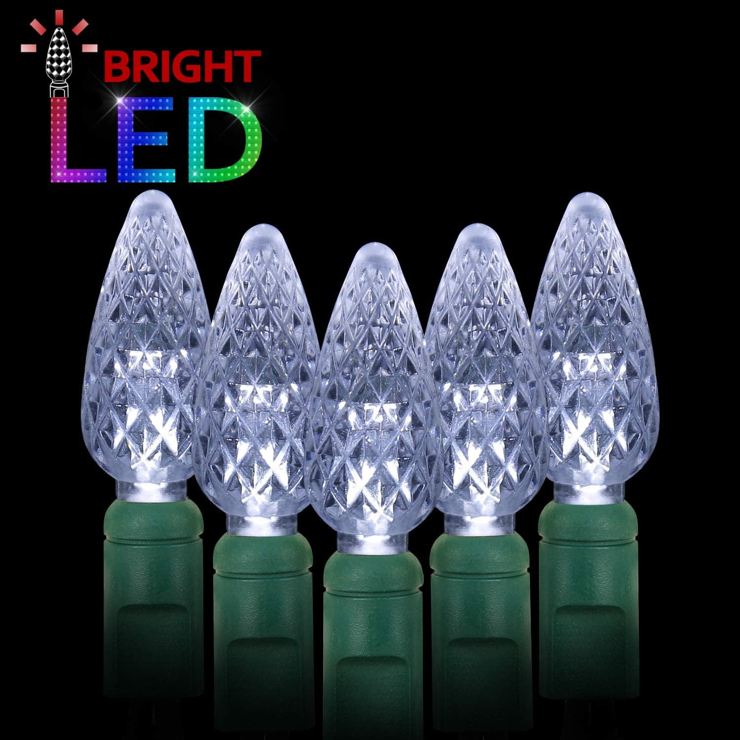 LED Christmas Lights 70 Counts C6, for Outdoor and Indoor, Cool White Light, Green Wire, 6in