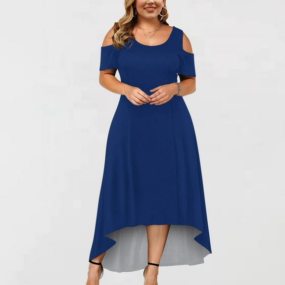 Sentmoon Plus Size Cutout Dress Short Sleeve Off Shoulder Holiday Dresses for Women Cold Shoulder Fashion Solid Color Short Dresses,OverSized Trendy A-line Dresses Blue XXXXL Fall Saving