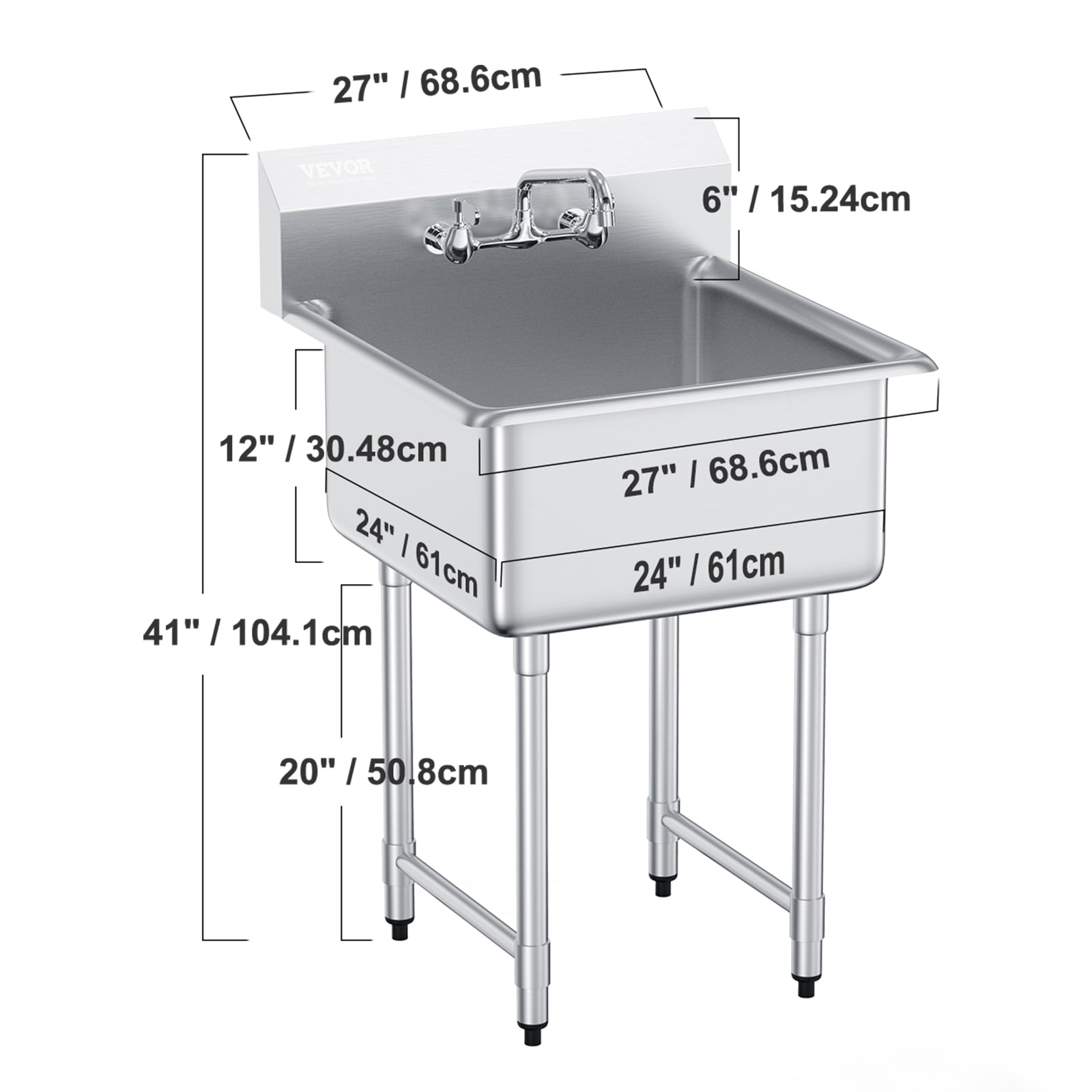 VEVOR Stainless Steel Prep & Utility Sink, 1 Compartment Free Standing Small Sink Include Faucet & legs, 27"x41" Commercial Single Bowl Sinks for Garage, Restaurant, Kitchen, Laundry
