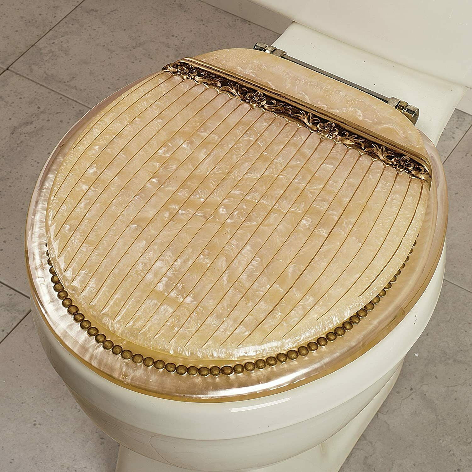 POPULAR BATH ROMA BEIGE AND GOLD STANDARD ROUND RESIN TOILET SEAT
