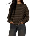 thumbnail image 2 of Women's Striped Sweater Waffle Knit Tops for Women Long Sleeve Shirts Light Weight Fall Tops Brown XXL, 2 of 9