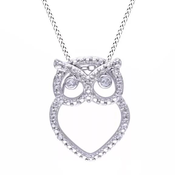 0.08CT Round Cut Natural Moissanite Owl Pendant Necklace, 14K White Gold Plated Sterling Silver, Animal Jewelry for Women