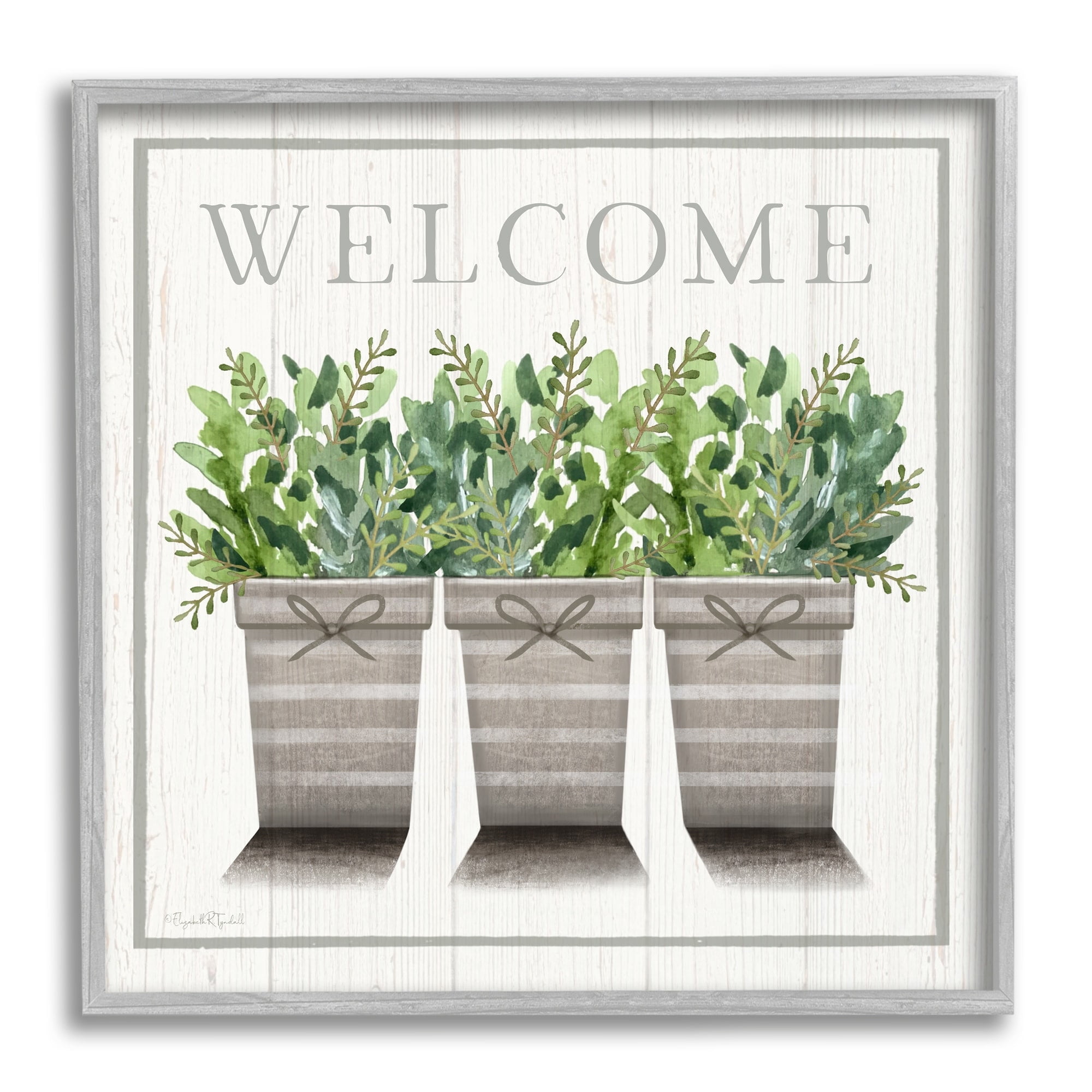 Stupell Industries Welcome Sign Cottage Theme Potted Plants Botanicals Framed Wall Art, 24 x 24, Design by Elizabeth Tyndall