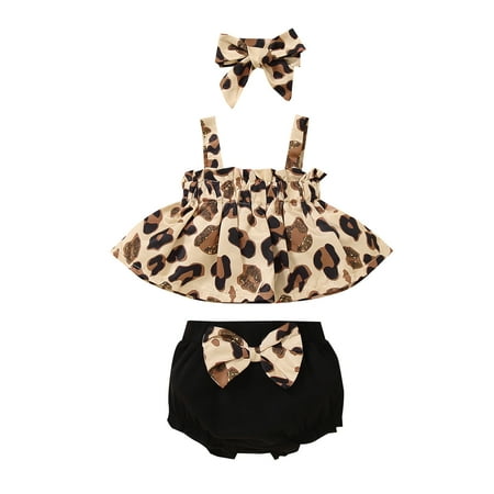 

QWERTYU Newborn Infant Baby Girl Boy Leopard Outfit Summer Sleeveless Bow Cami Top and Shorts Set Clothing Set with Headband Yellow