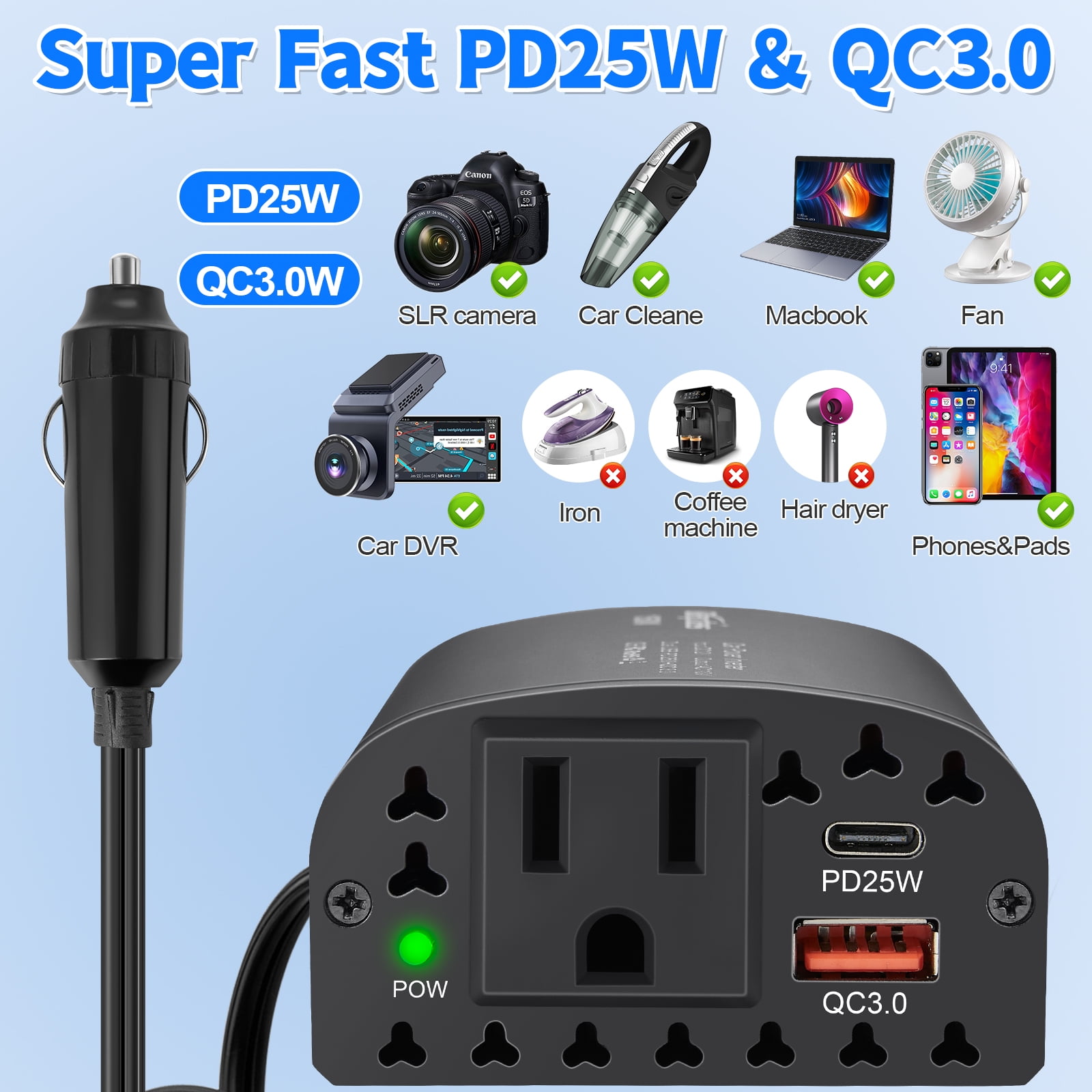 150W  Power Inverter DC 12V to 110V AC Car Plug Outlet Adapter with PD 25W USB C& QC 3.0 Car Laptop Charger-Black