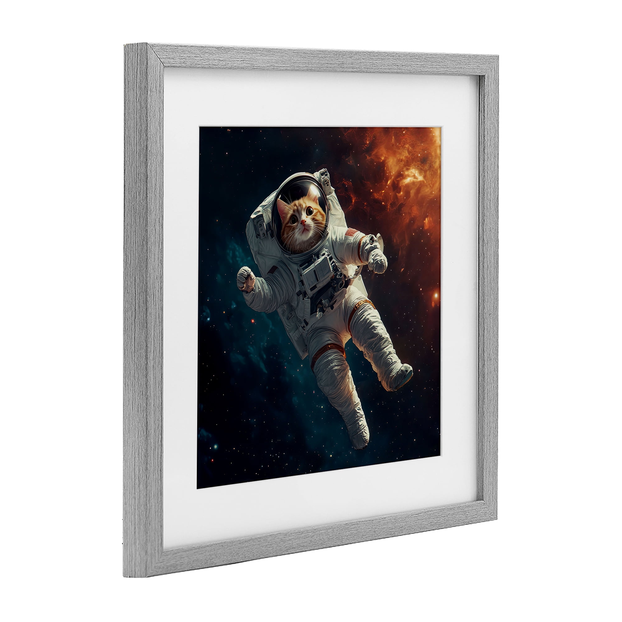Interstellar Cat Astronaut Gray Framed Print Under Glass, design by Jim Baldwin