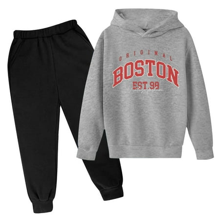 Krdevn Boys 2 Piece Fall Winter Outfit Boston Vintage Letter Print Hoodie and Jogger Pants Sweatsuit Set 5-6 Years Grey