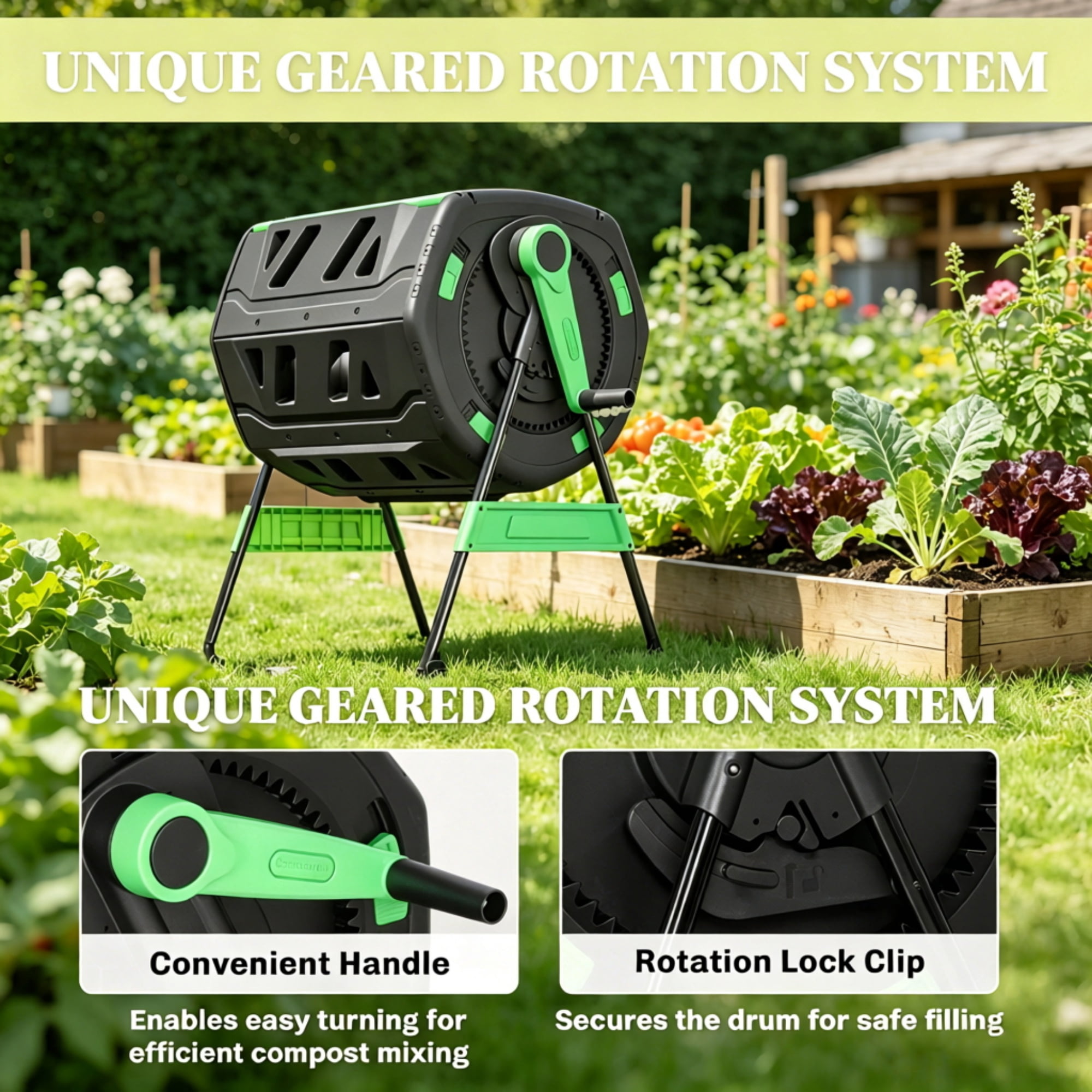 Dual Chamber Rotating Compost Tumbler with Elevated Metal Base, 360° Rotatable BPA-Free Compost Bin with Adjustable Vents for Backyard Garden