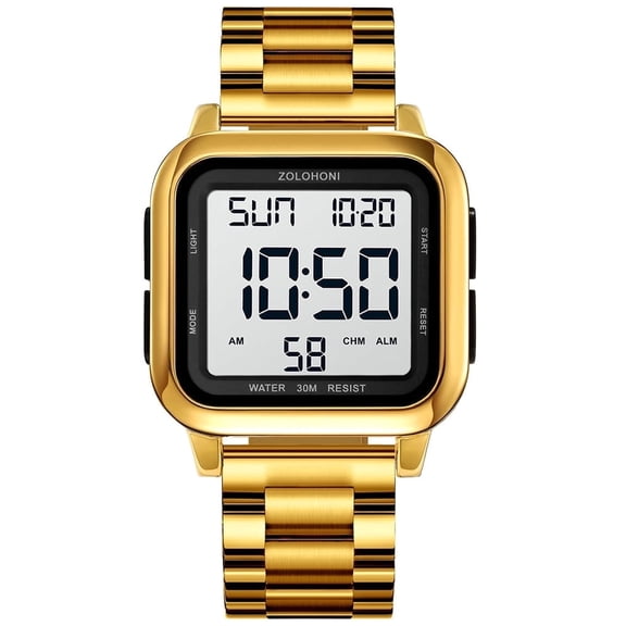 ZOLOHONI Digital Watches for Men Gold Stainalee Steel Waterproof Electric Watch Mens Sports Watches