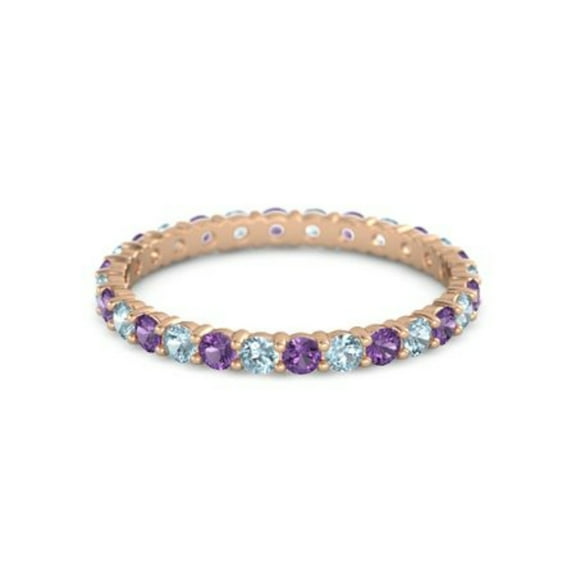 Round Eternity Band Amethyst Aquamarine 925 Sterling Silver Rose Plated Ring