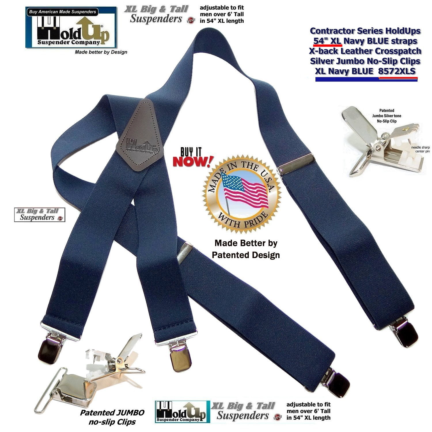 Holdup Suspender Company Extra Long XL Navy Blue wide work Suspenders with Jumbo Silver tone No