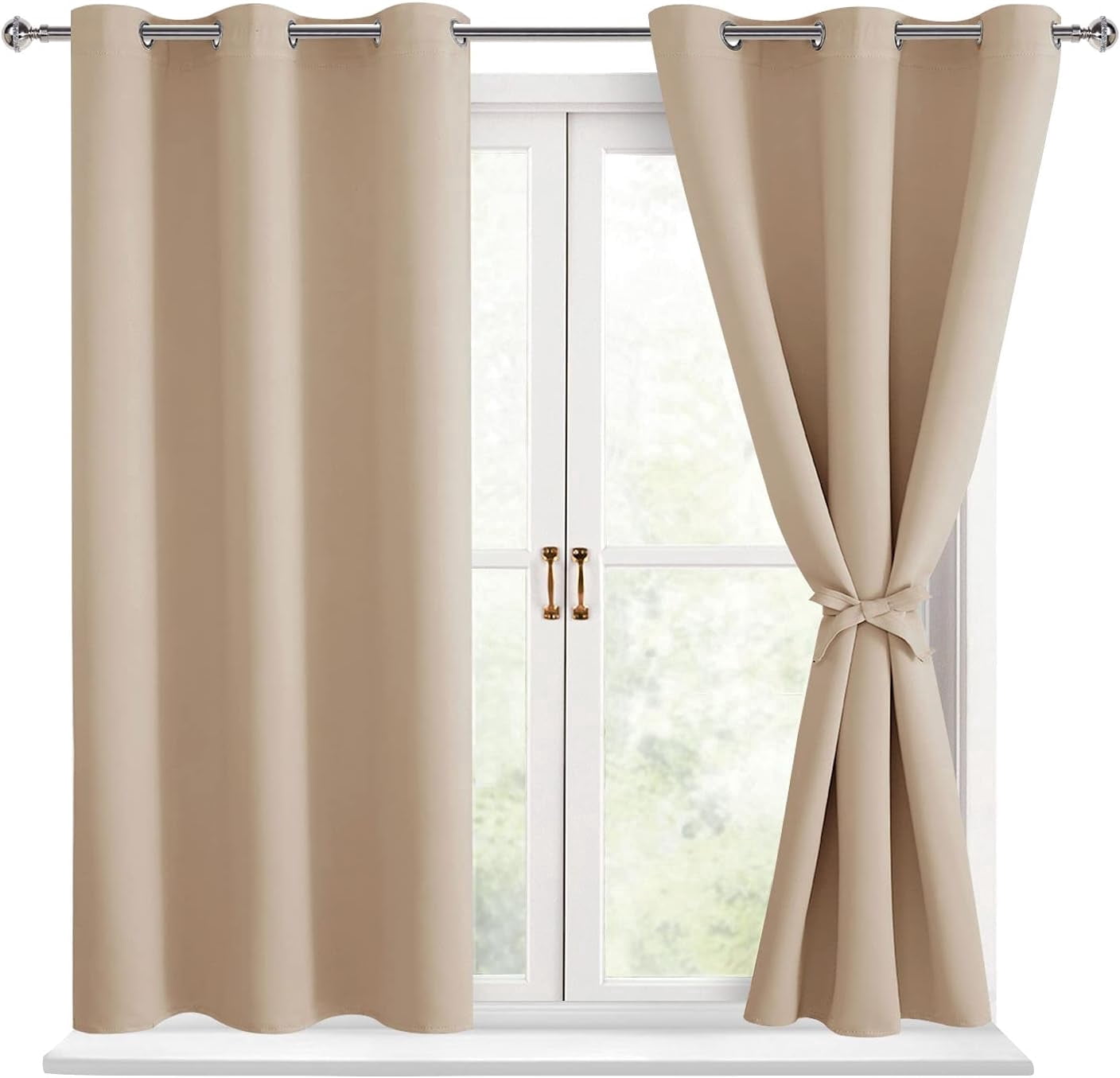 Hiasan Short Blackout Curtains for Bedroom - Thermal Insulated & Energy Saving Window Curtains for Living Room, 2 Drape Panels Sewn with Tiebacks, Beige, 42 x 45 Inch