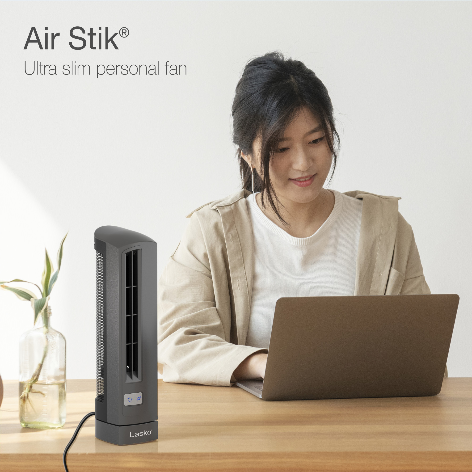 Lasko 14" Air Stick Desk Ultra-Slim Oscillating 2-Speed Table Fan, Gray, 4000, New - image 2 of 9
