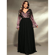AURA Womens Plus Size V Neck Evening Dress Long Sleeve A Line Maxi Party Birthday Formal Gown