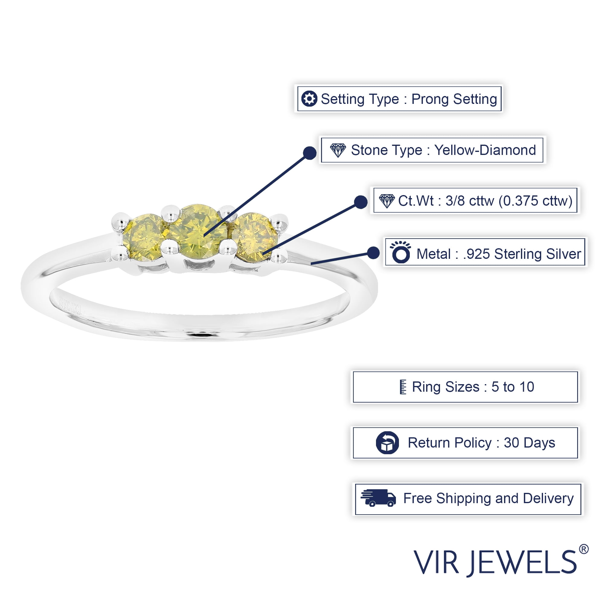 Vir Jewels 1/3 CTTW 3 Stone Yellow Diamond Engagement Ring for Women in .925 Sterling Silver