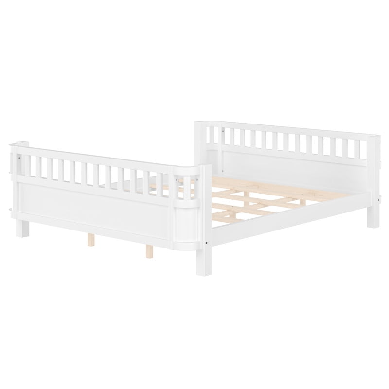 Bellemave Queen Size Montessori Bed with Fence, Wooden Low Platform Bed Frame with Detachable Side Bed Rails and Rounded Corner Design, Multiple Usage Methods Bed, No Box Spring Needed（White）