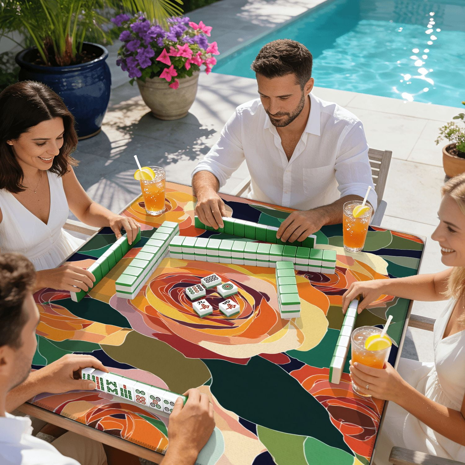 Mahjong Mat 31.5" x 31.5" Artistic seamless abstract flowers Creative collage Non-Slip Noise Reduction American Mahjong Tiles Table Cover for Dominoes Poker Card Board Games Gift