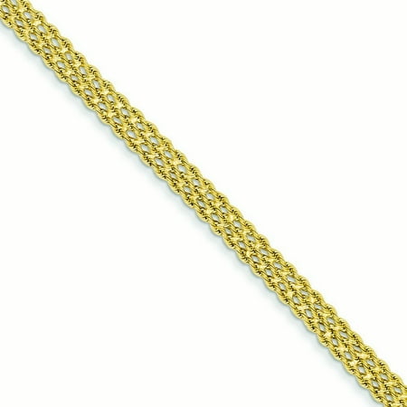 Triple Strand Leather - 14k Yellow Gold 1.75mm Triple Strand Rope Bracelet - Lobster Claw - Length: 7 to 8