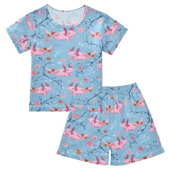 joogoo Cute Axolotls Blue Pattern Pajama Sets Short Sleeve Cotton 2-Piece Sleepwear 10Y