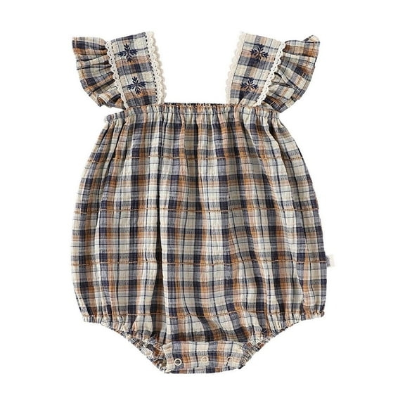 FYEGRE Soft Elastic Checkered Baby Girl Dress Short Sleeve Toddler Daily Casual Comfortable Outfit Dark Blue 0-3 Months