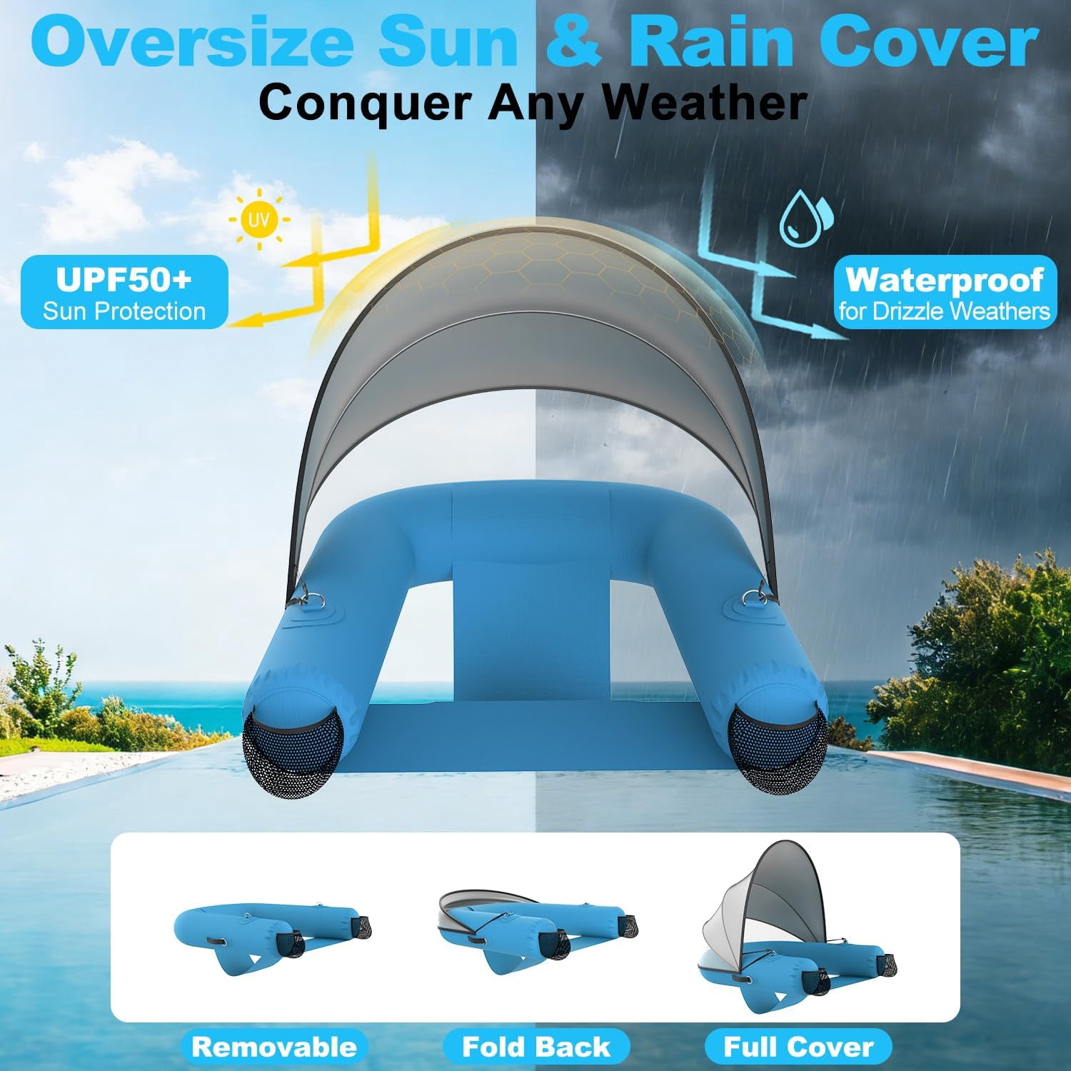 Pipopa Adult Inflatable Pool Floats&nbsp;with UPF50+ & Rain Canopy,2 Large Drink Holders,Inflatable Lounger Float for Swimming Pool,Beach,Party,Blue