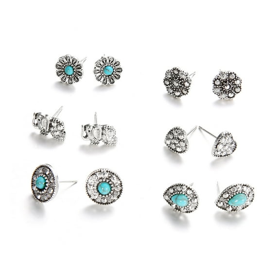 Opolski 6Pairs/Set Boho Elephant Love Heart Turquoise Stud Earrings Women Jewelry Gift