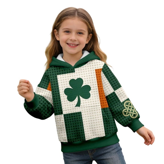 St Patricks Day Girls Irish Print Hooded Sweatshirt for Kids Unisex Knit Hoodie Top Celebration Long Sleeve Pullover Dark Green 3 Years-4 Years