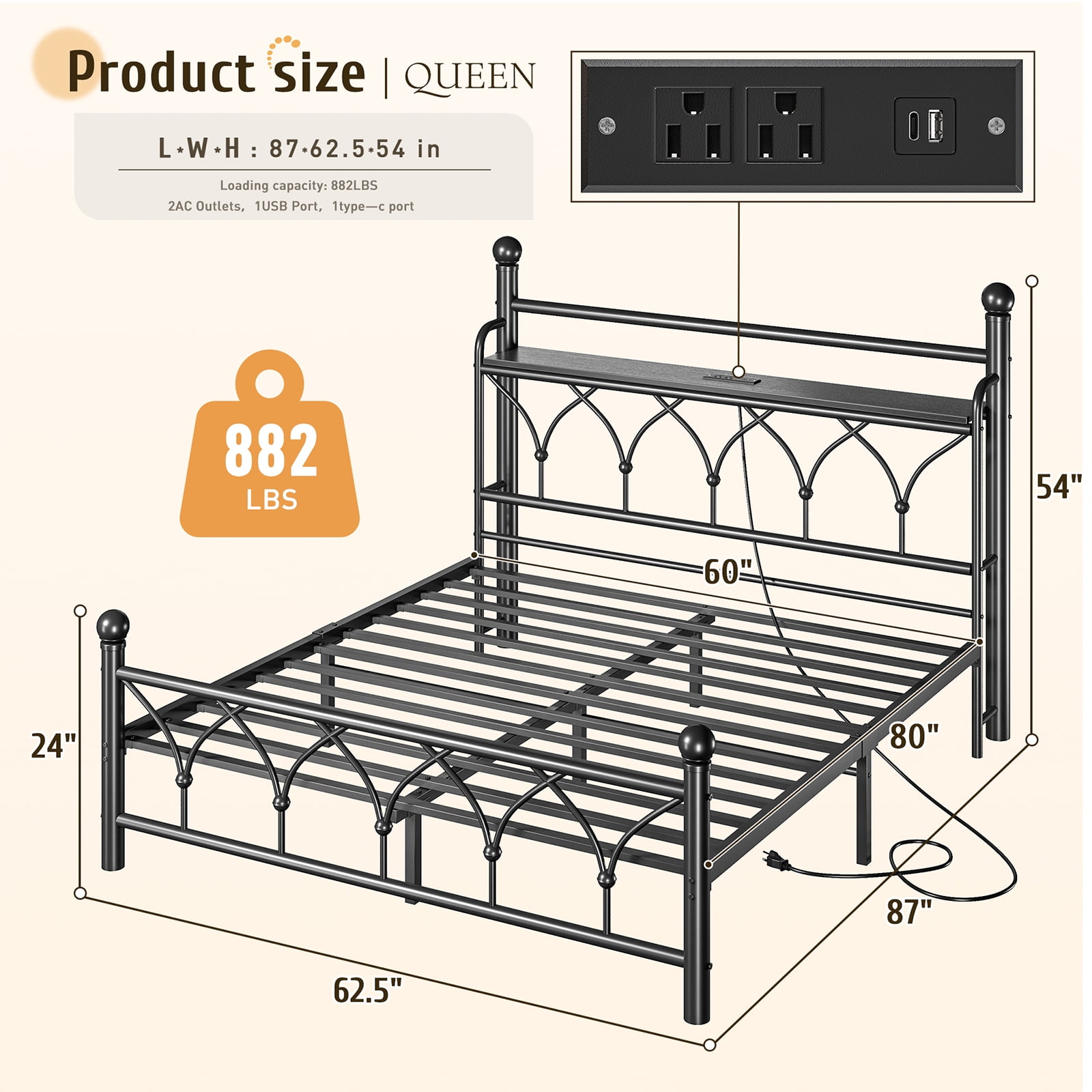 EnHomee Queen Size Metal Bed Frame with Vintage Headboard & Footboard Metal Platform Bed Frame Queen with LED Lights Bed Frame with Charge Station & Storage, Noise Free, Black